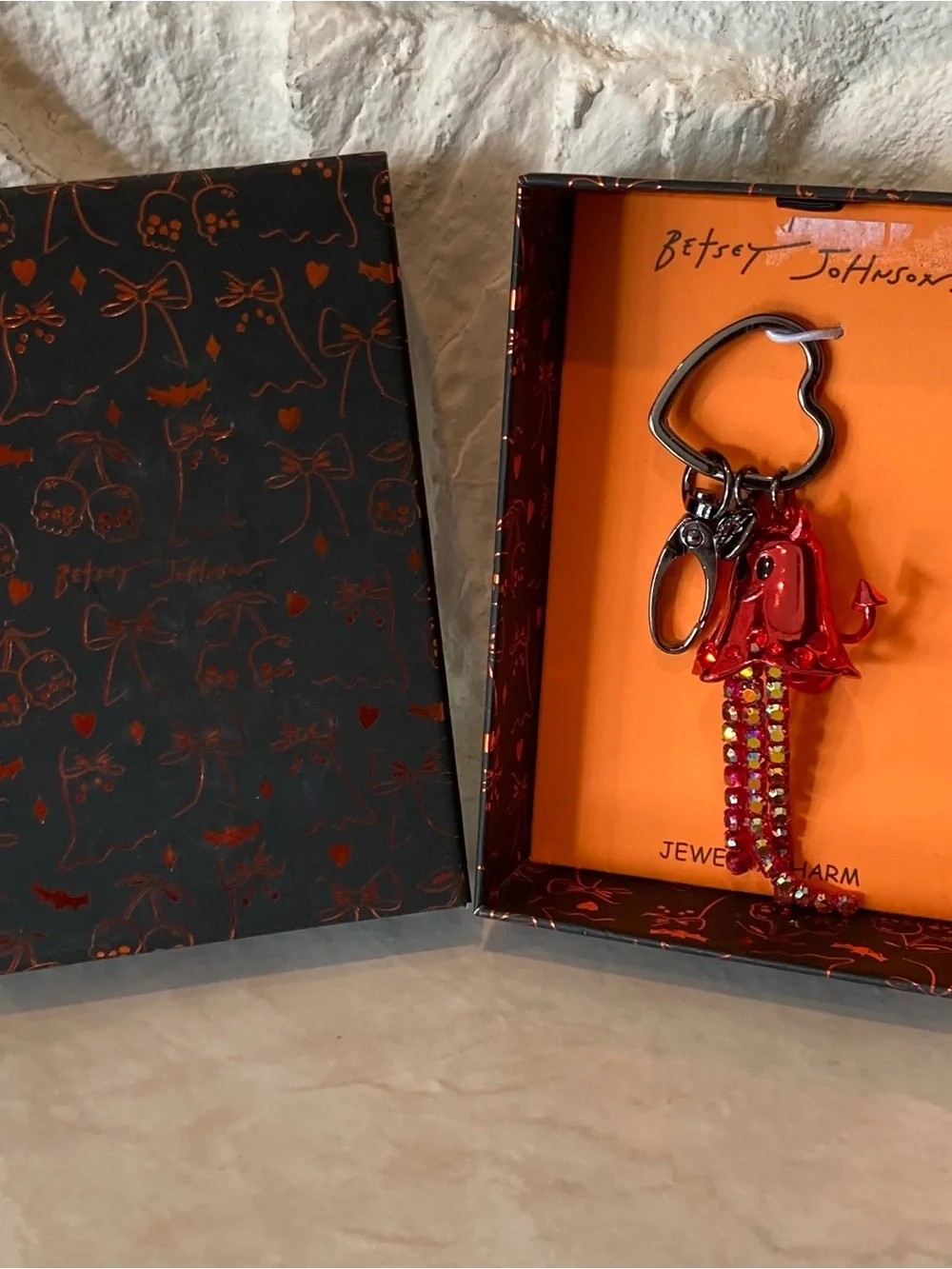 NIB Betsey Johnson Red Devil Ghost Charm Bag Charm with Rhinestone Tassels
